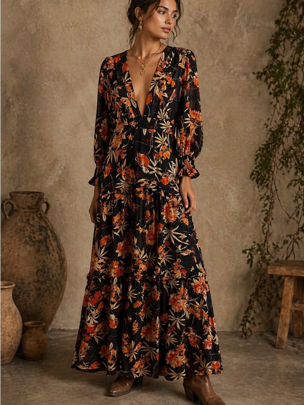 Melloday Floral Boho Maxi Dress Black Orange Deep V Tiered Size M